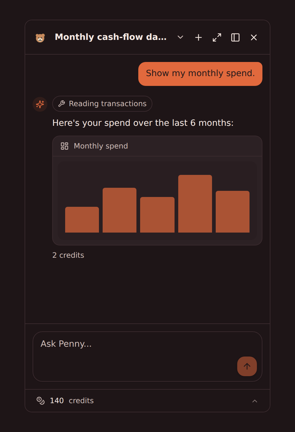 Ask Penny répondant à une question sur les dépenses mensuelles avec un graphique dans la conversation