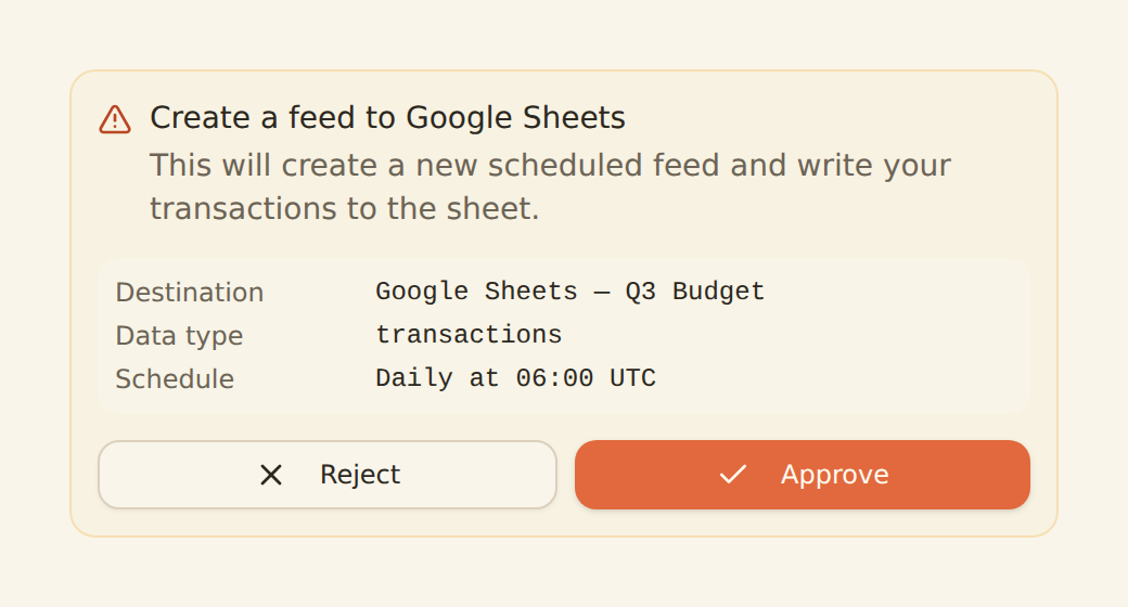 Ask Penny demandant une approbation avant de créer un flux vers Google Sheets