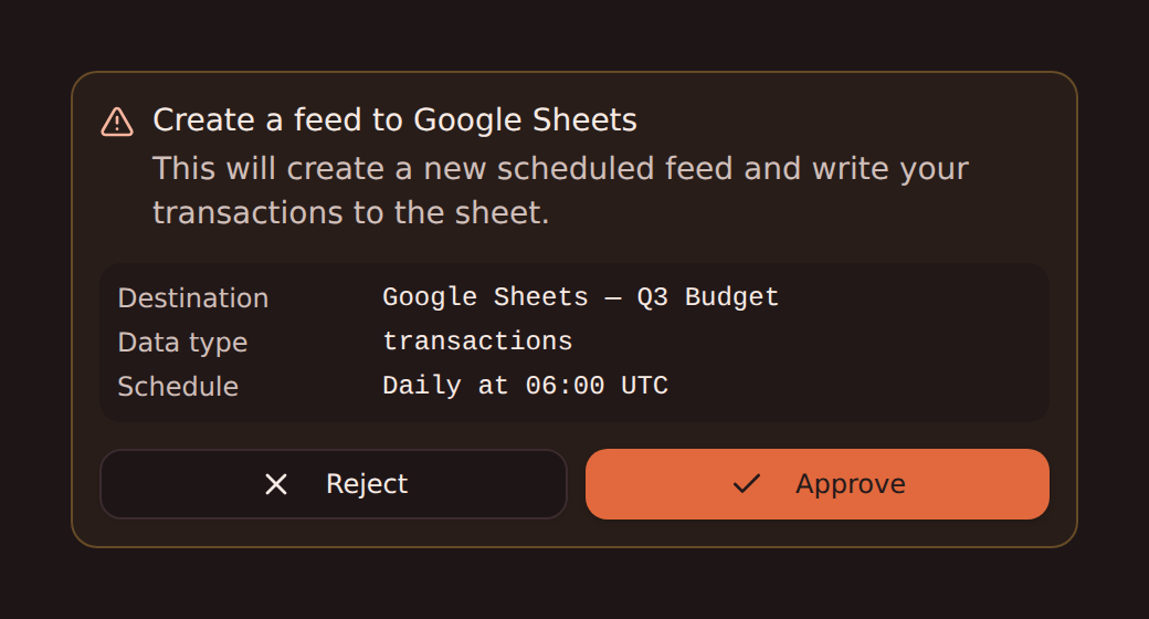 Ask Penny demandant une approbation avant de créer un flux vers Google Sheets
