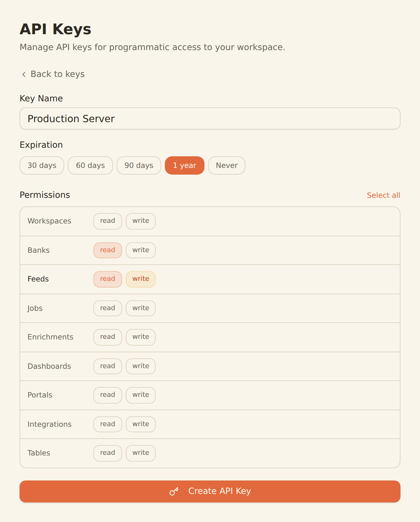 Creating a BankSync API key for an AI agent