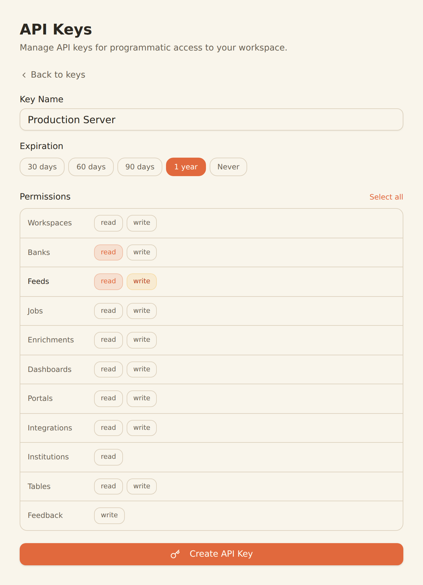 Creating a BankSync API key for an AI agent