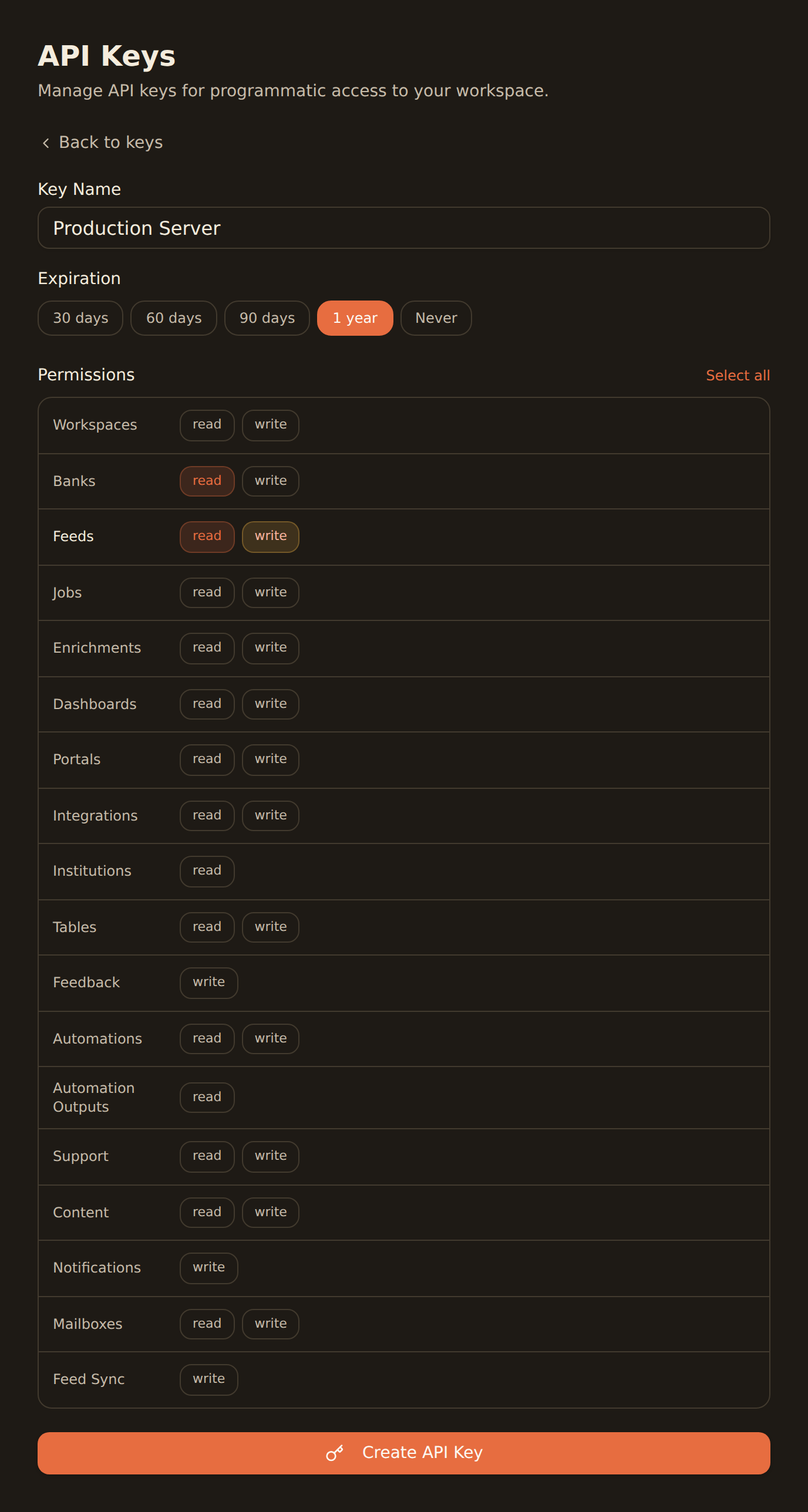 Creating a BankSync API key for an AI agent