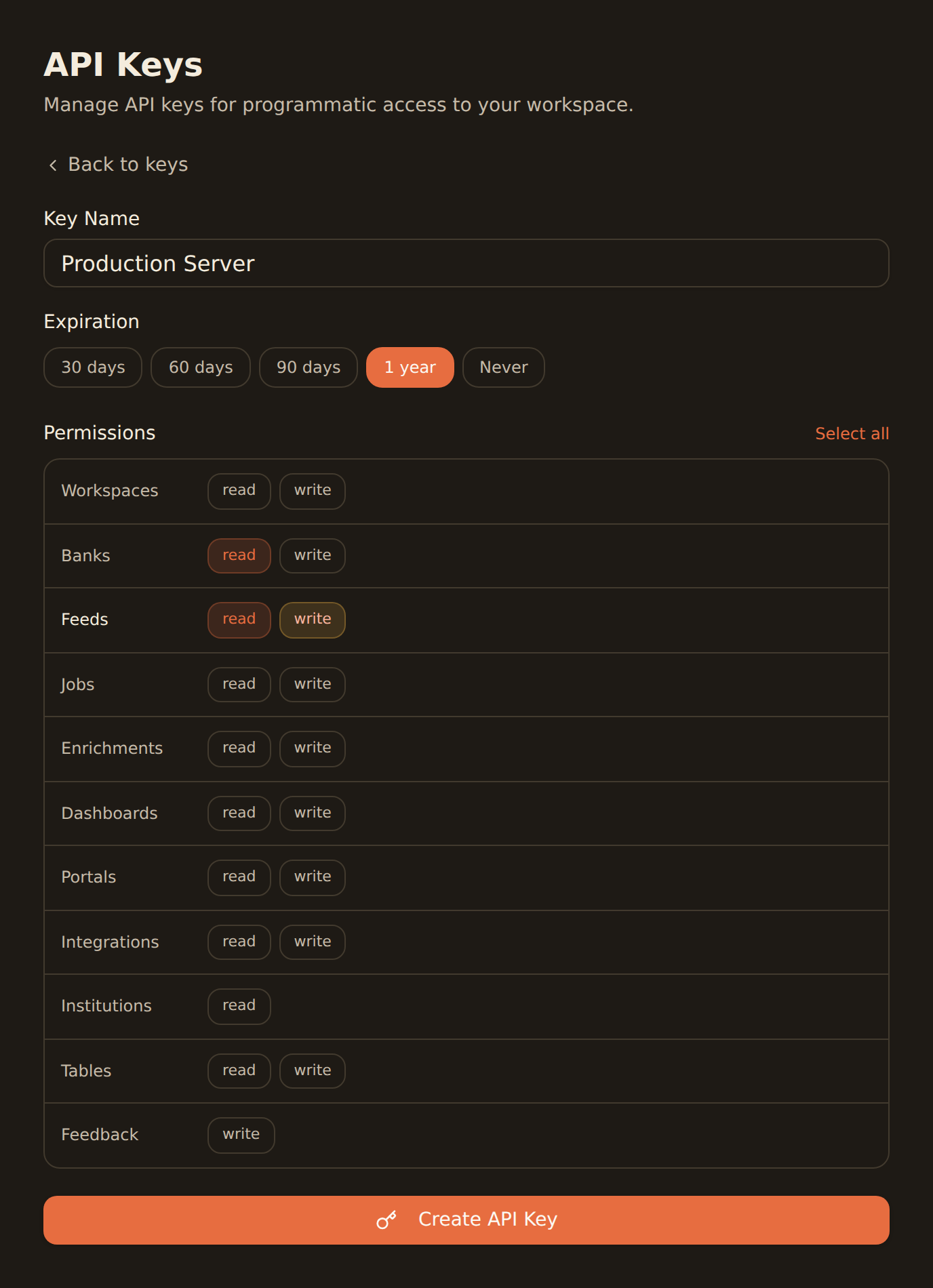 Creating a BankSync API key for an AI agent