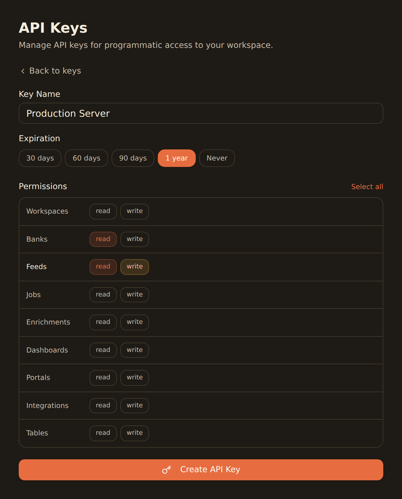 Creating a BankSync API key for an AI agent