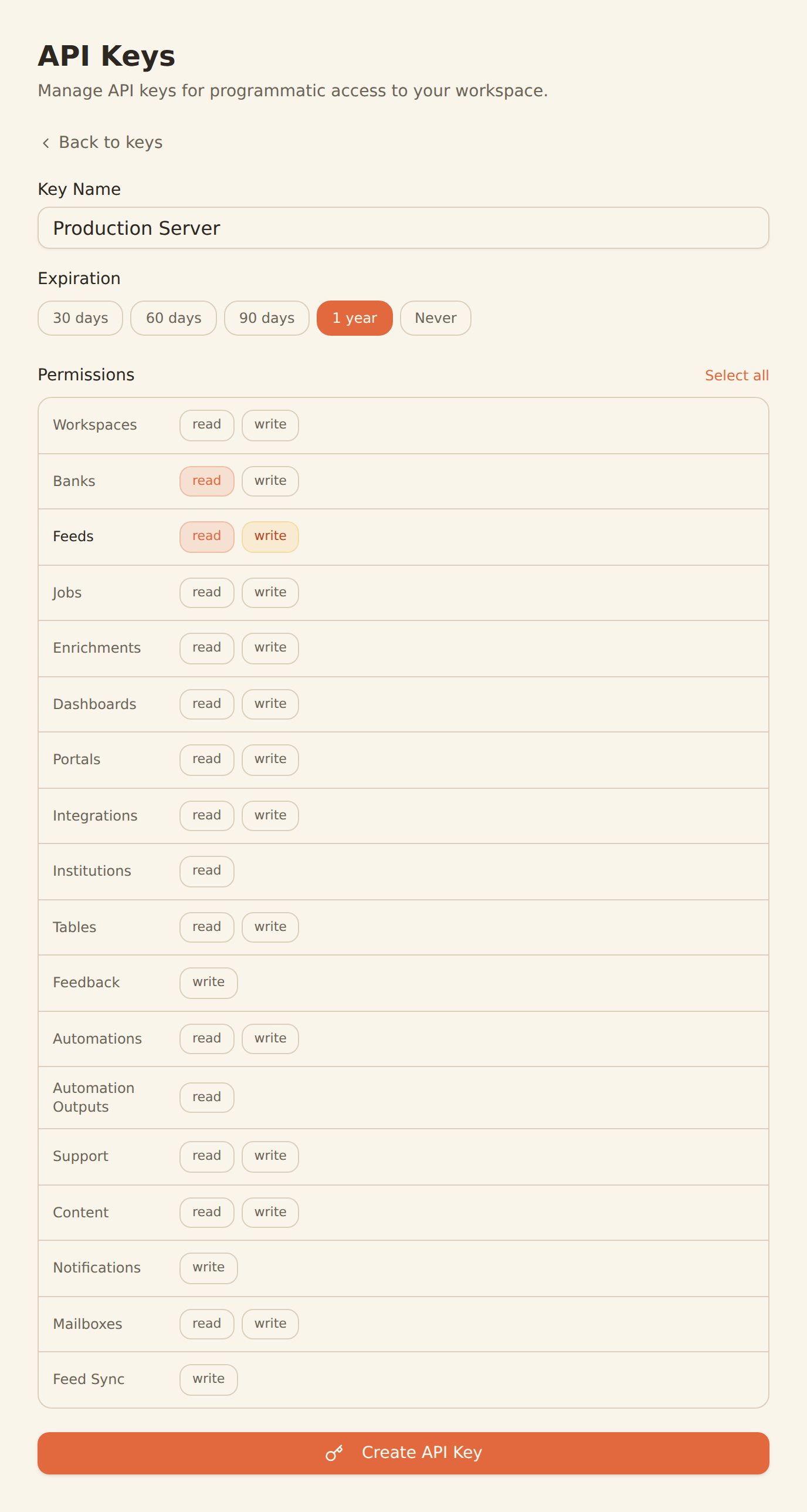 Creating a BankSync API key for an AI agent