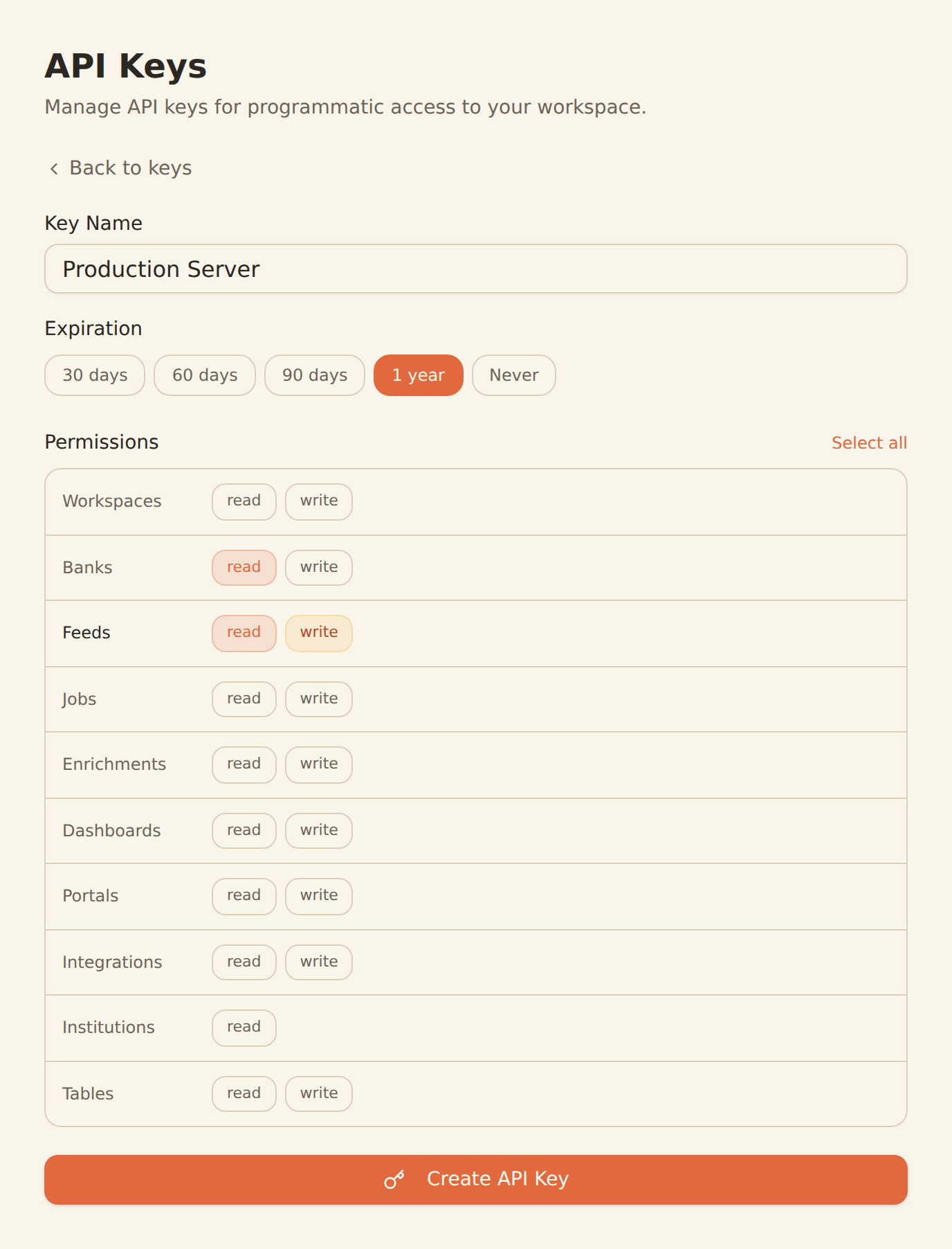 Creating a BankSync API key for an AI agent