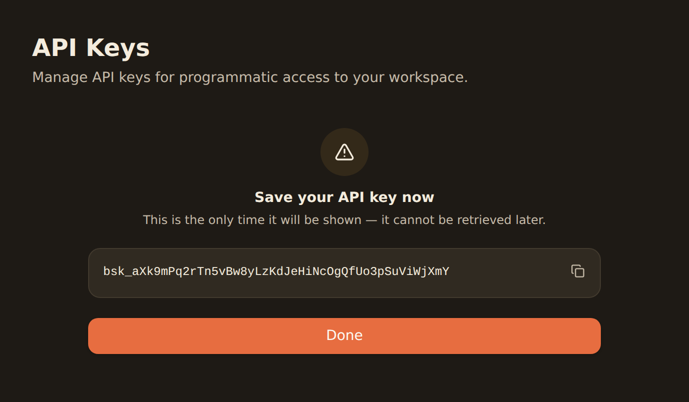 The newly created API key revealed once, with a copy button and a warning that the key will not be shown again.