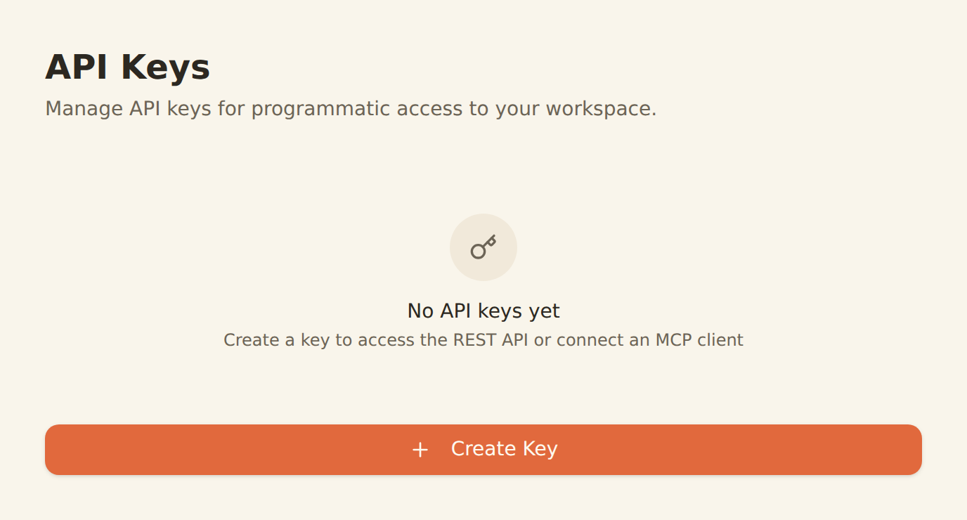 The Developer settings panel before any API keys exist, showing an empty API Keys list with a Create Key button.