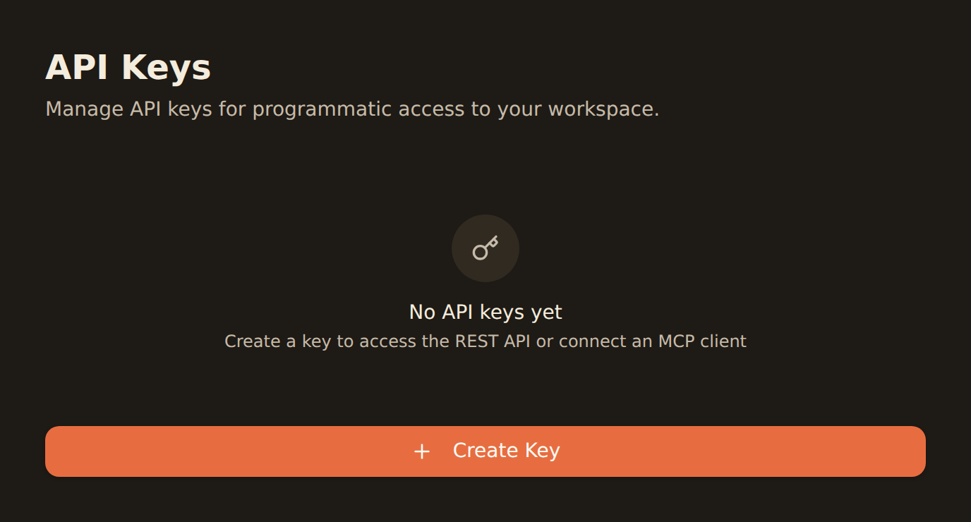 The Developer settings panel before any API keys exist, showing an empty API Keys list with a Create Key button.