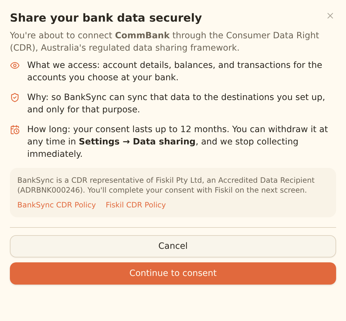 The pre-consent screen for connecting an Australian bank, explaining what data BankSync accesses, why, the 12-month consent duration, and the CDR representative relationship with Fiskil, with Continue to consent and Cancel buttons.