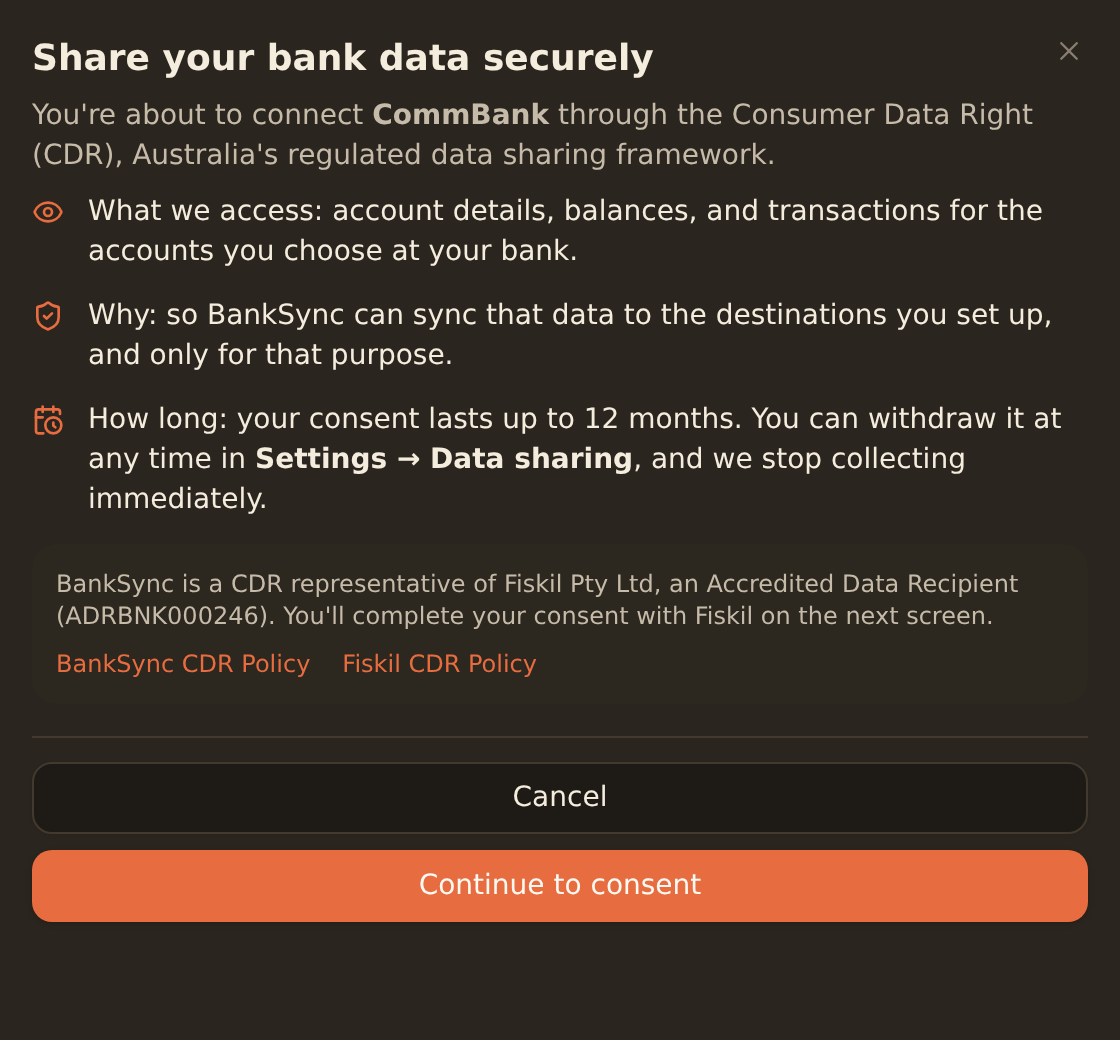The pre-consent screen for connecting an Australian bank, explaining what data BankSync accesses, why, the 12-month consent duration, and the CDR representative relationship with Fiskil, with Continue to consent and Cancel buttons.