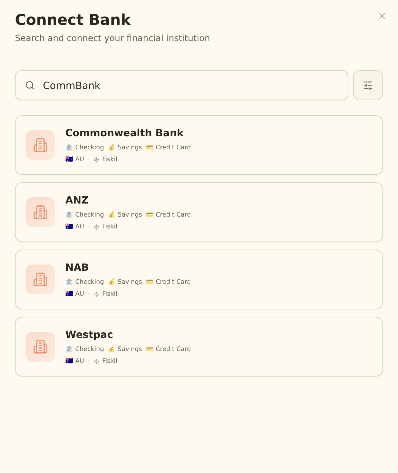 The BankSync Connect Bank dialog searching for CommBank, showing Australian institution result cards (Commonwealth Bank, ANZ, NAB, Westpac) with account-type tags, an Australian flag, and the Fiskil provider (CDR open banking).