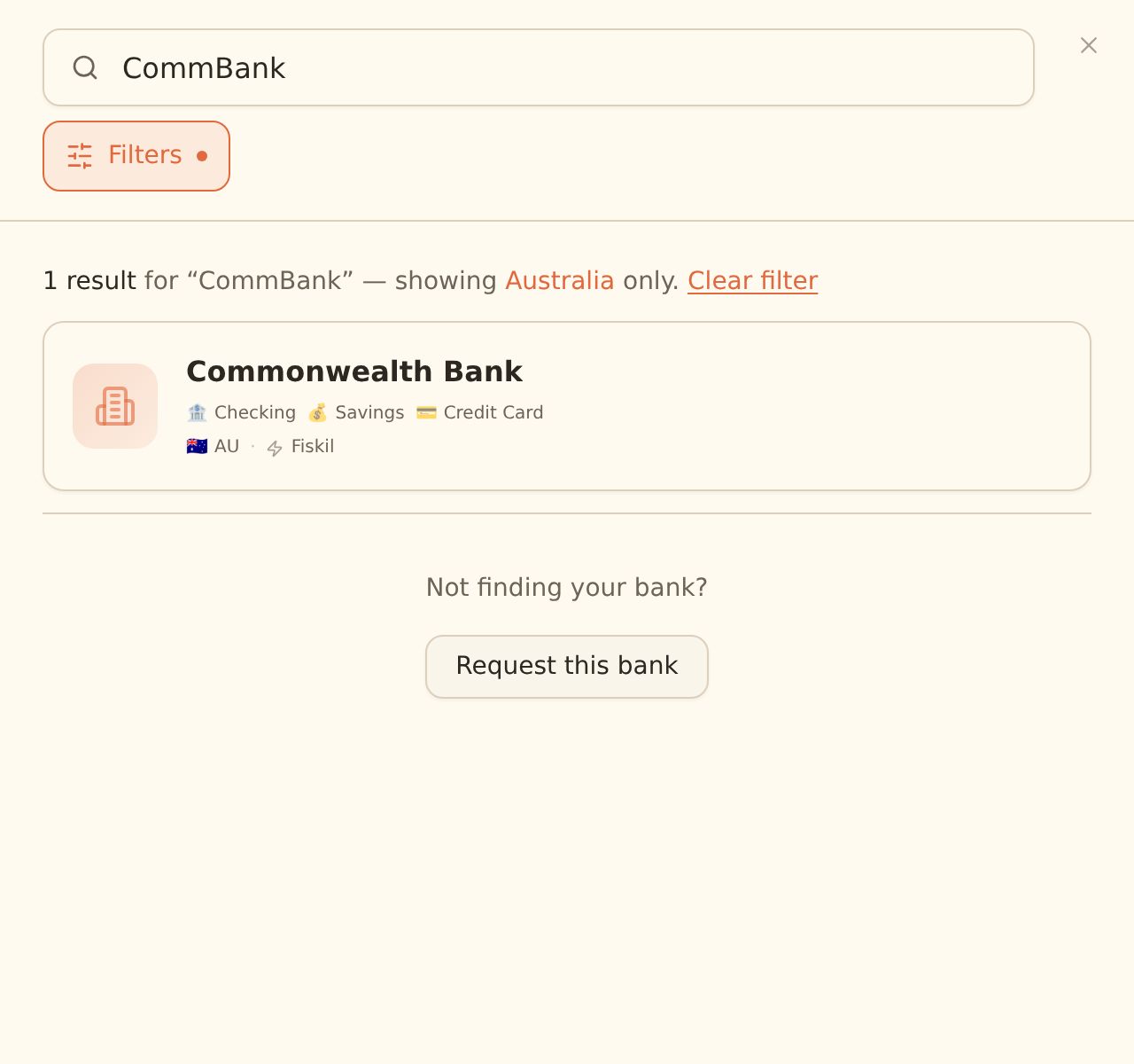 BankSync bank search for CommBank, filtered to Australia, with a Commonwealth Bank result showing account types and the Fiskil provider.