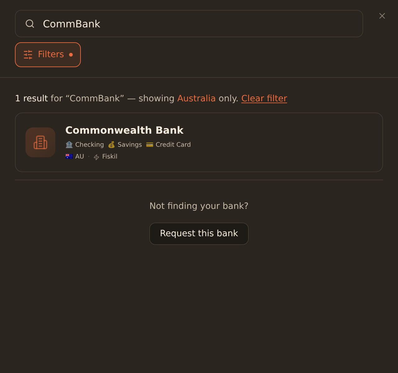 BankSync bank search for CommBank, filtered to Australia, with a Commonwealth Bank result showing account types and the Fiskil provider.