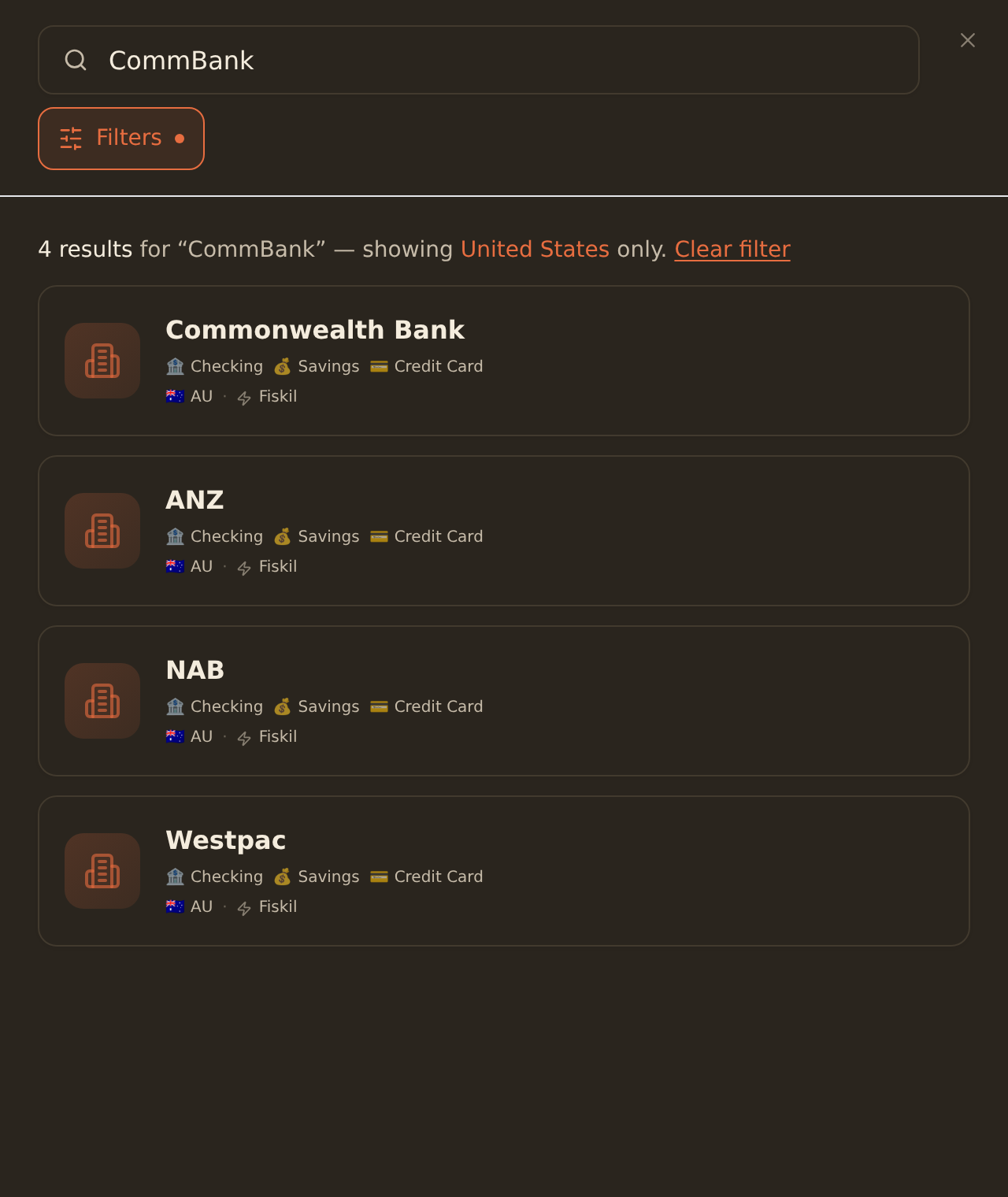 The BankSync Connect Bank dialog searching for CommBank, showing Australian institution result cards (Commonwealth Bank, ANZ, NAB, Westpac) with account-type tags, an Australian flag, and the Fiskil provider (CDR open banking).