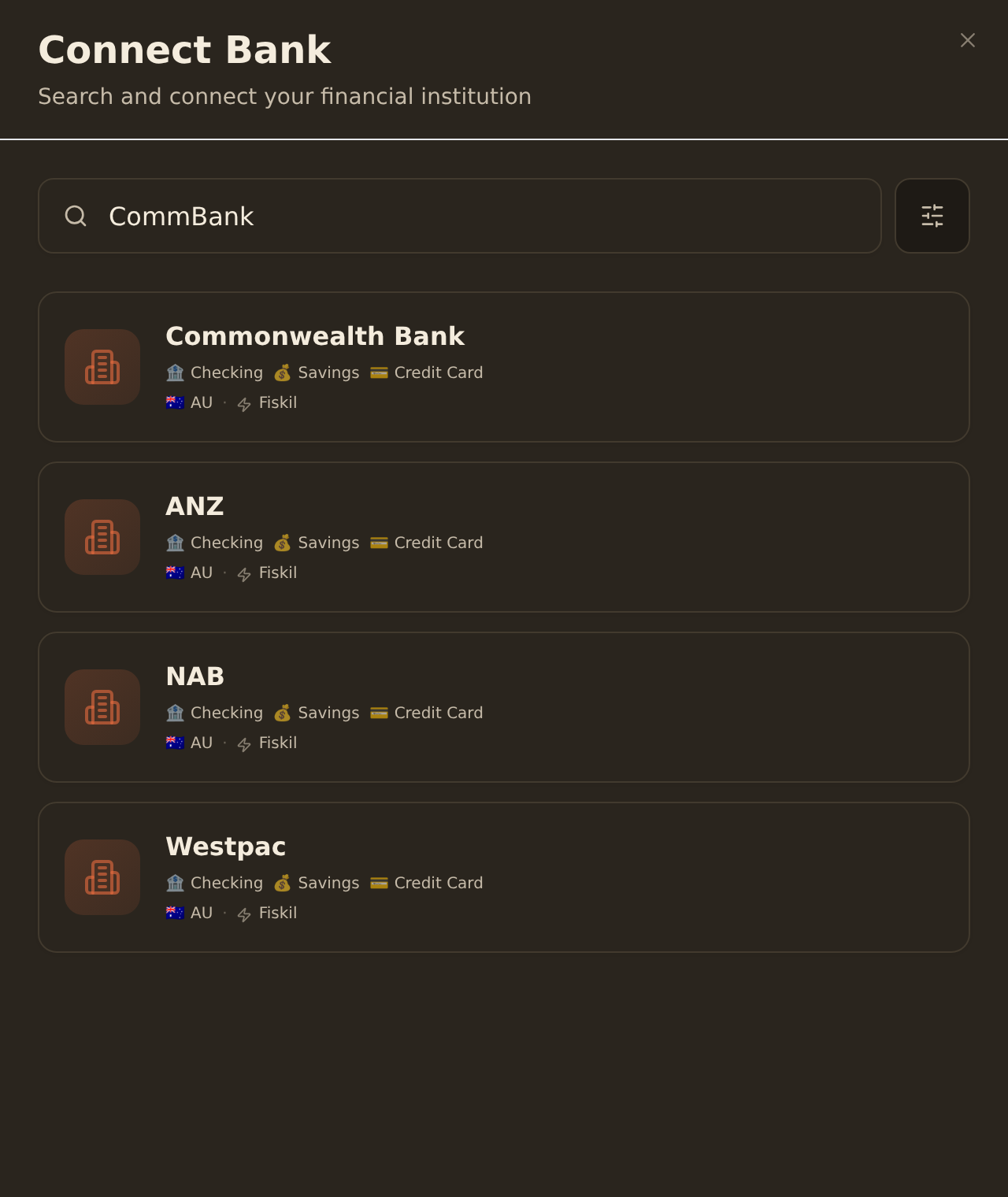 The BankSync Connect Bank dialog searching for CommBank, showing Australian institution result cards (Commonwealth Bank, ANZ, NAB, Westpac) with account-type tags, an Australian flag, and the Fiskil provider (CDR open banking).