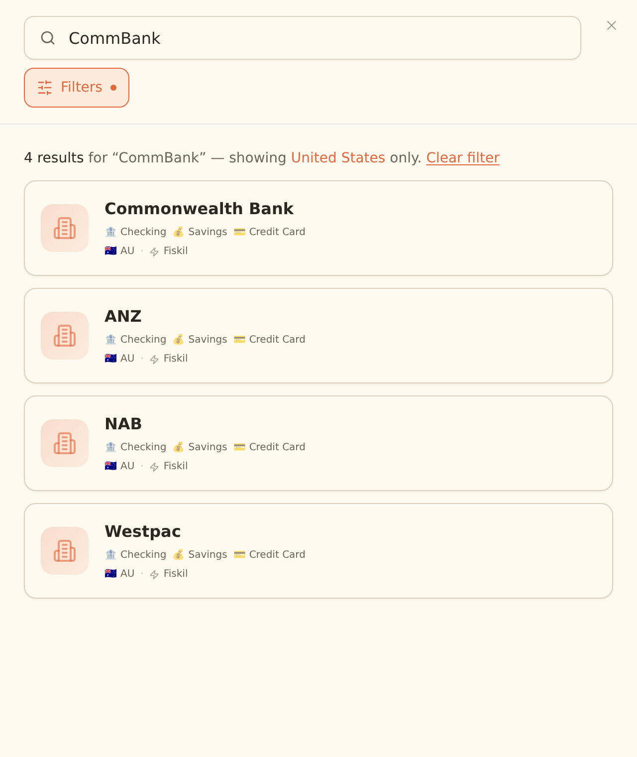 The BankSync Connect Bank dialog searching for CommBank, showing Australian institution result cards (Commonwealth Bank, ANZ, NAB, Westpac) with account-type tags, an Australian flag, and the Fiskil provider (CDR open banking).