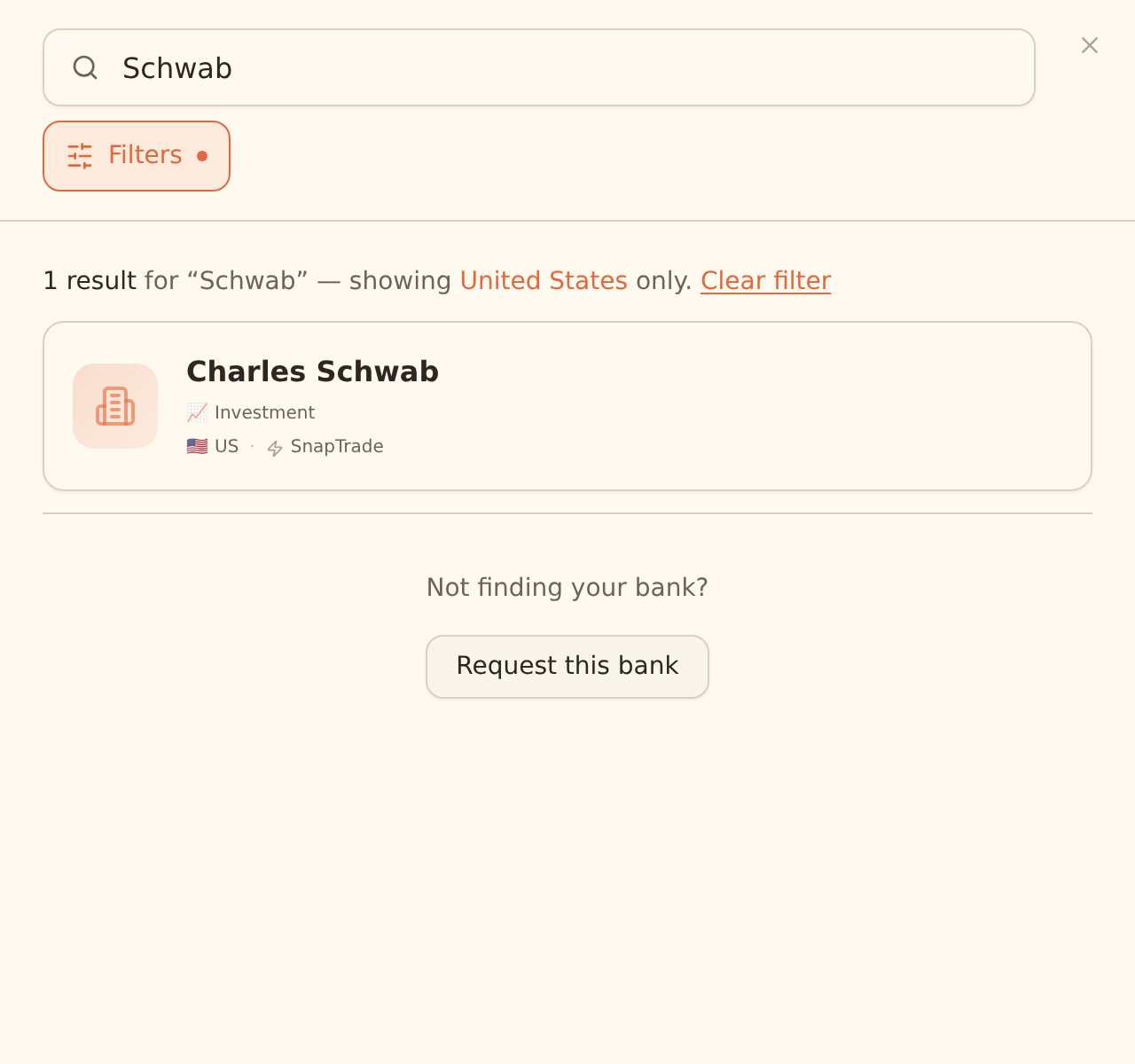BankSync bank search for Schwab, showing a Charles Schwab result with the Investment account type and SnapTrade provider