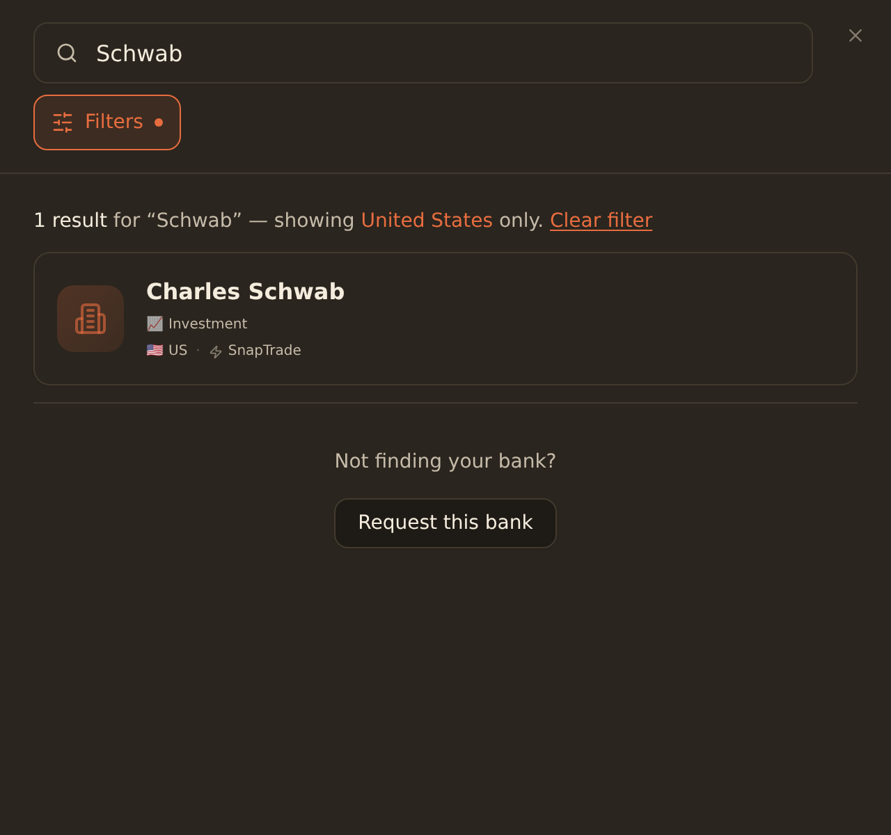 BankSync bank search for Schwab, showing a Charles Schwab result with the Investment account type and SnapTrade provider