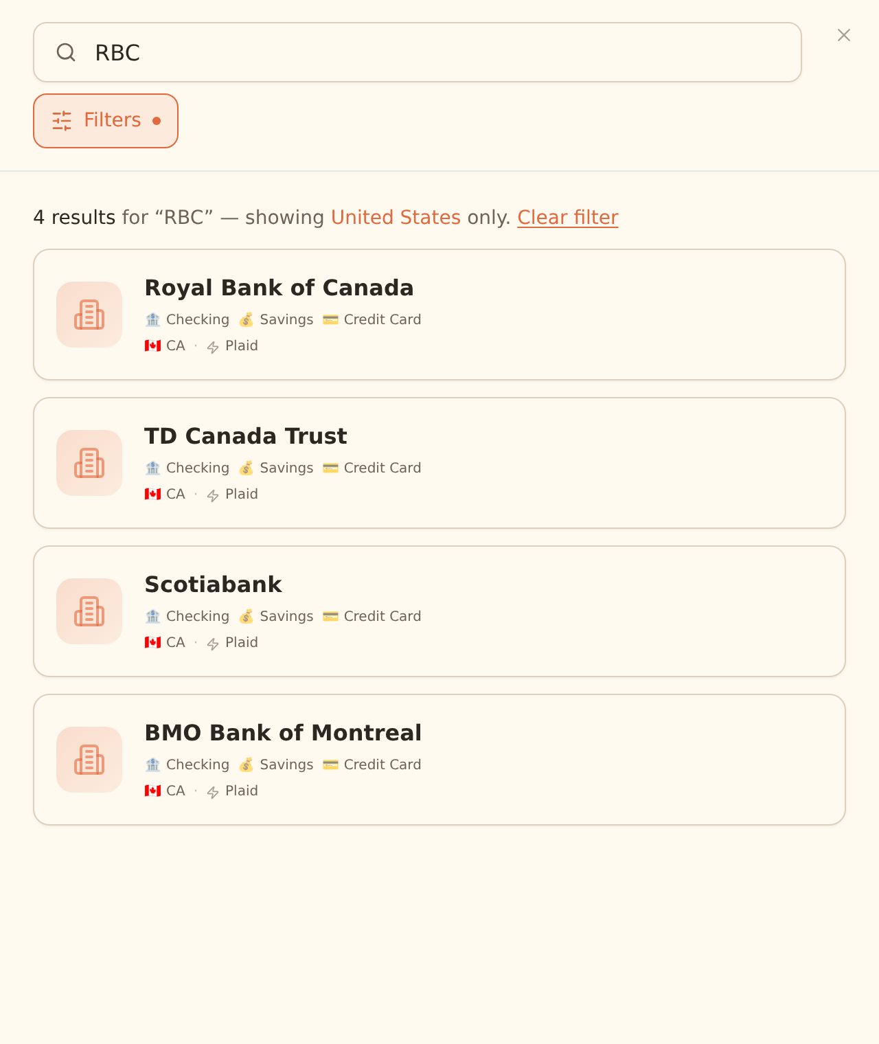 The BankSync Connect Bank dialog searching for RBC, showing Canadian institution result cards (Royal Bank of Canada, TD Canada Trust, Scotiabank, BMO Bank of Montreal) with chequing, savings, and credit-card account-type tags, a Canadian flag, and the Plaid provider.