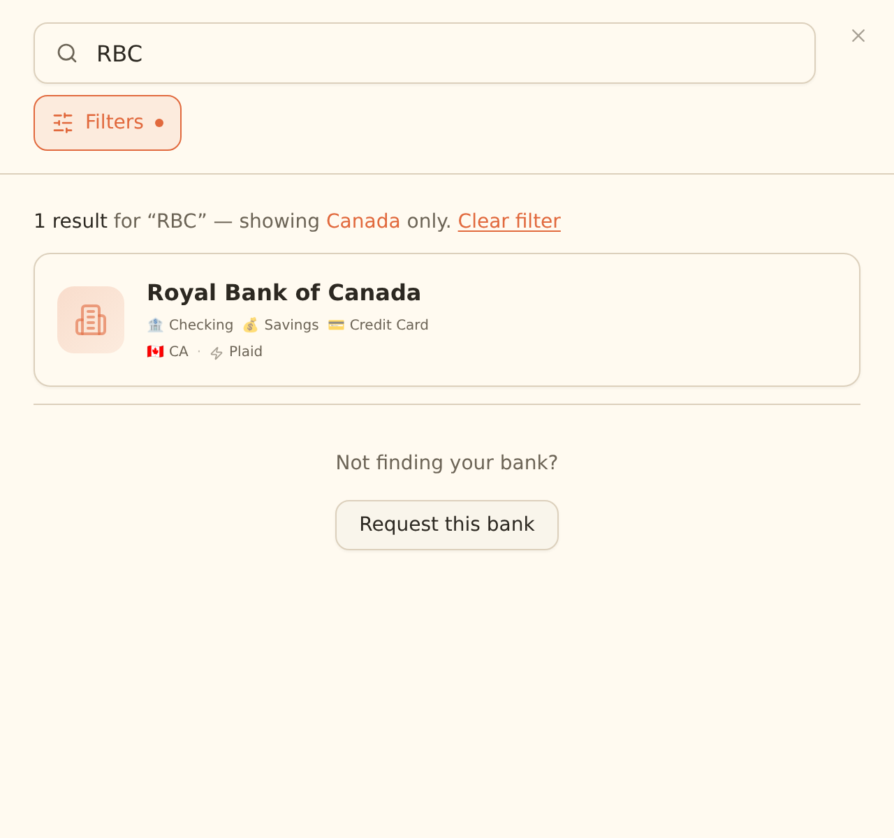 BankSync bank search for RBC, filtered to Canada, with a Royal Bank of Canada result showing Checking, Savings and Credit Card account types and the Plaid provider.