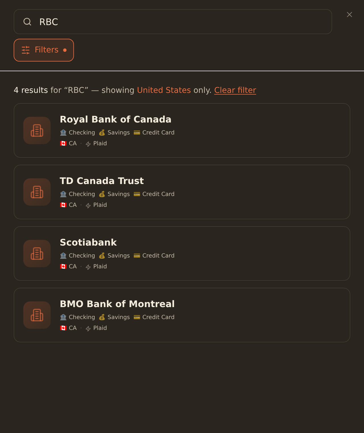 The BankSync Connect Bank dialog searching for RBC, showing Canadian institution result cards (Royal Bank of Canada, TD Canada Trust, Scotiabank, BMO Bank of Montreal) with chequing, savings, and credit-card account-type tags, a Canadian flag, and the Plaid provider.