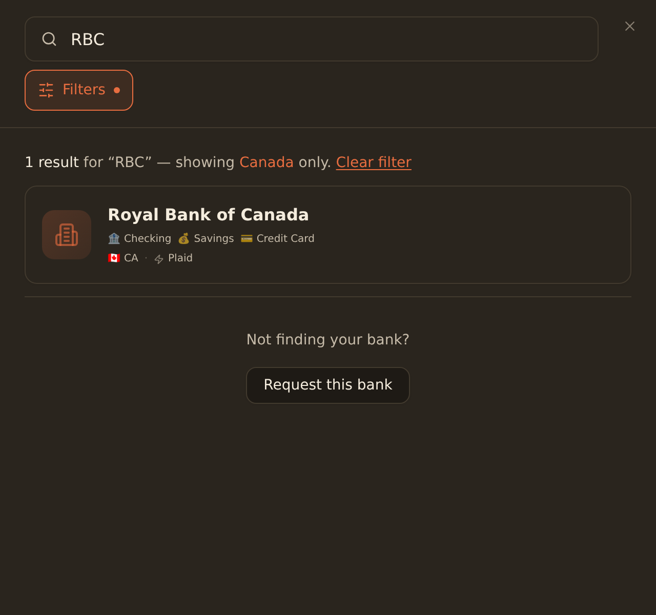 BankSync bank search for RBC, filtered to Canada, with a Royal Bank of Canada result showing Checking, Savings and Credit Card account types and the Plaid provider.