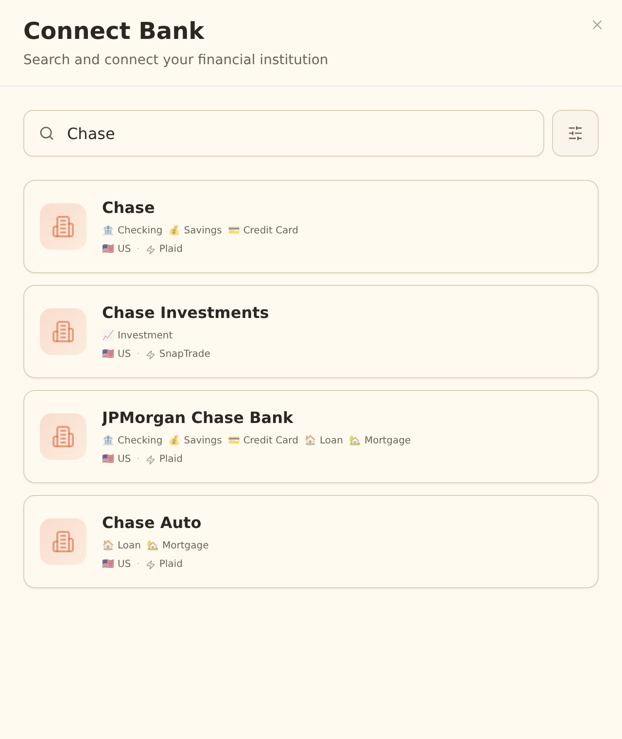 The BankSync Connect Bank dialog with a search field showing the query Chase and matching institution result cards, each with the institution name, supported account-type tags, country flag, and provider name.