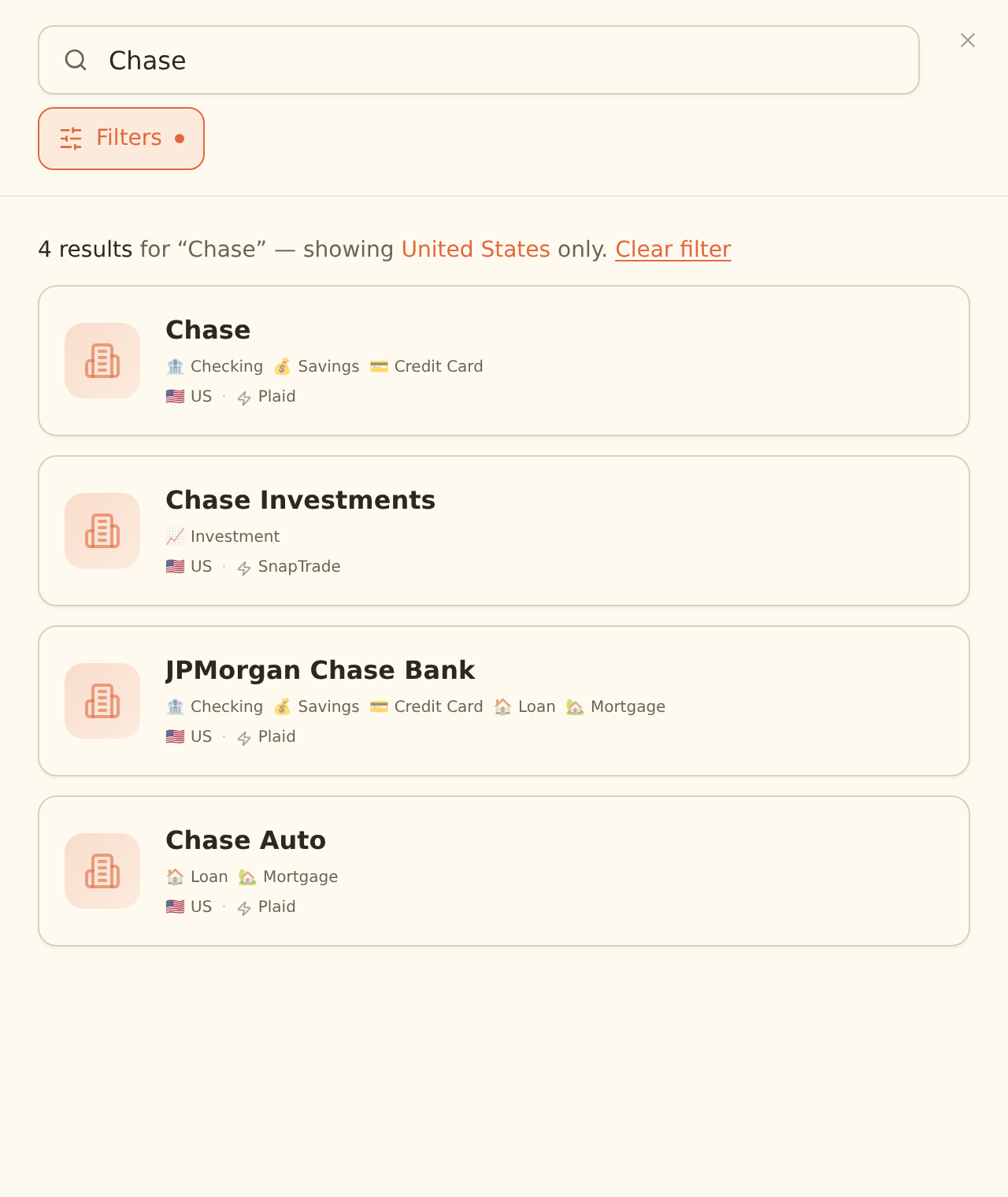 The BankSync Connect Bank dialog with a search field showing the query Chase and matching institution result cards, each with the institution name, supported account-type tags, country flag, and provider name.