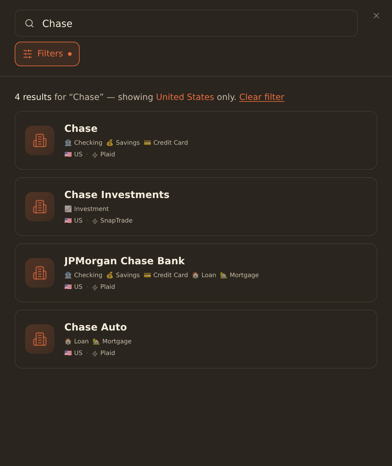 The BankSync Connect Bank dialog searching for Chase, showing US institution result cards (Chase, Chase Investments, JPMorgan Chase Bank, Chase Auto) with supported account-type tags, a US flag, and the provider name (Plaid or SnapTrade).