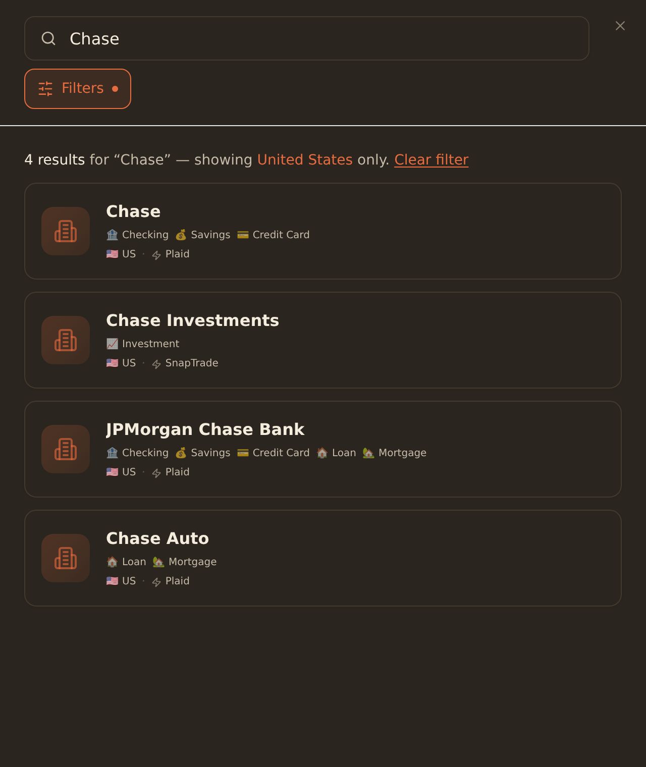 The BankSync Connect Bank dialog with a search field showing the query Chase and matching institution result cards, each with the institution name, supported account-type tags, country flag, and provider name.