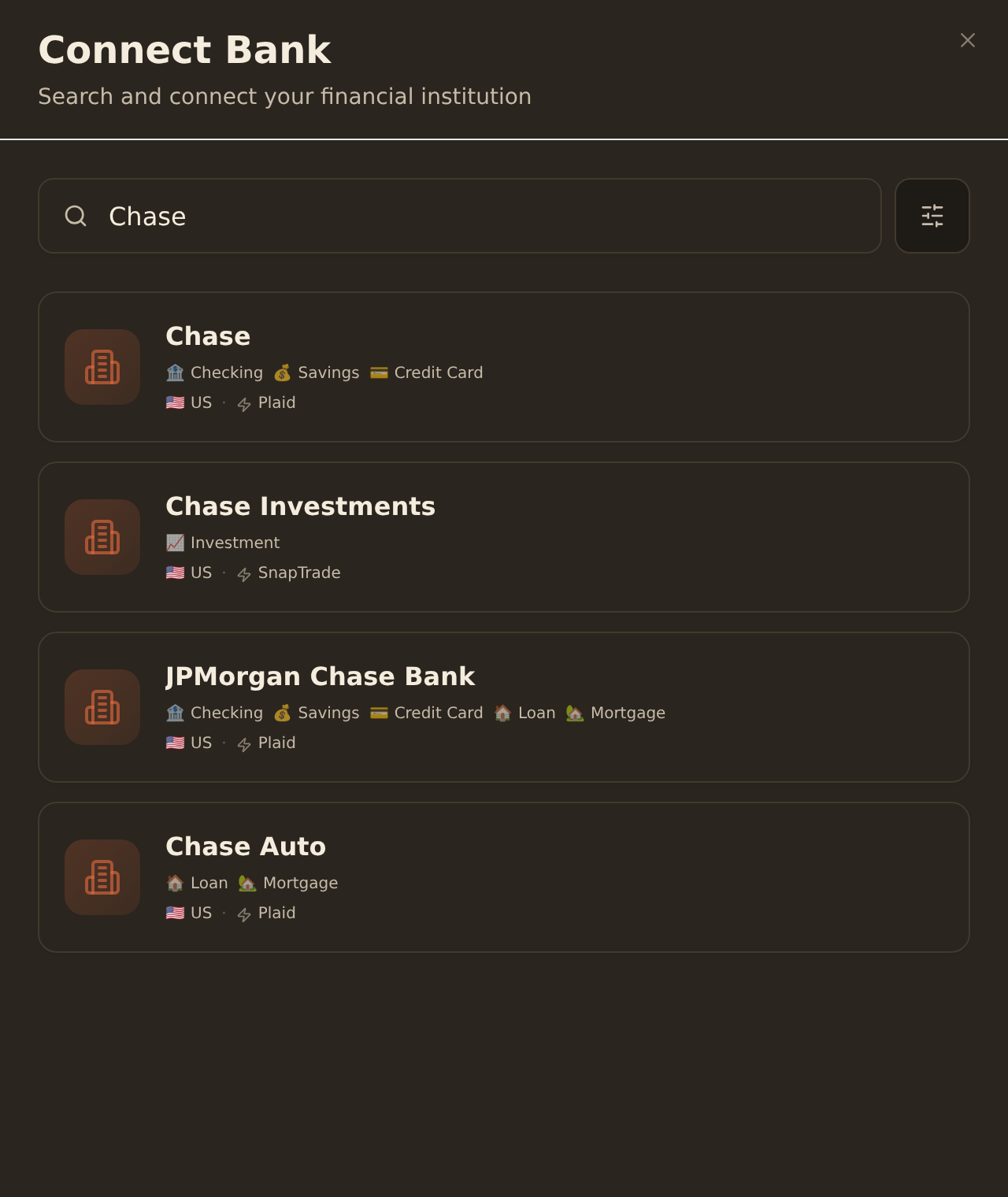 The BankSync Connect Bank dialog with a search field showing the query Chase and matching institution result cards, each with the institution name, supported account-type tags, country flag, and provider name.