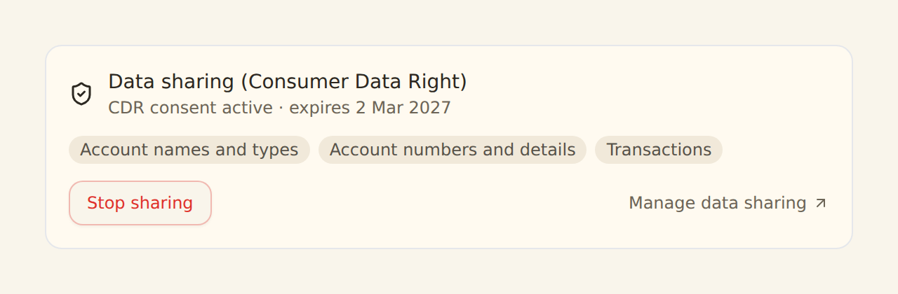 The Data sharing section on a bank's detail view, showing the CDR consent status and expiry date, the data types being shared as chips, and Stop sharing and Manage data sharing actions.