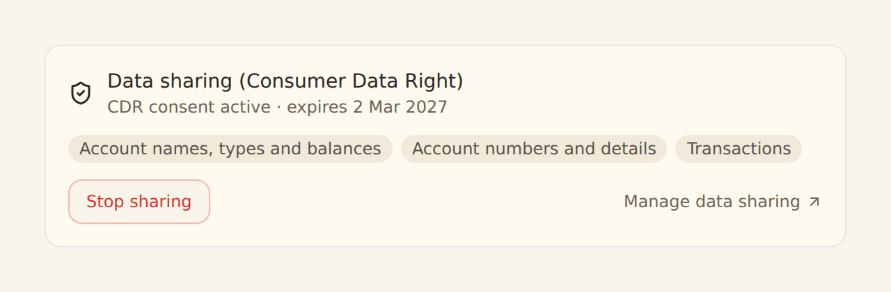 The Data sharing section on a bank's detail view, showing the CDR consent status and expiry date, the data types being shared as chips, and Stop sharing and Manage data sharing actions.