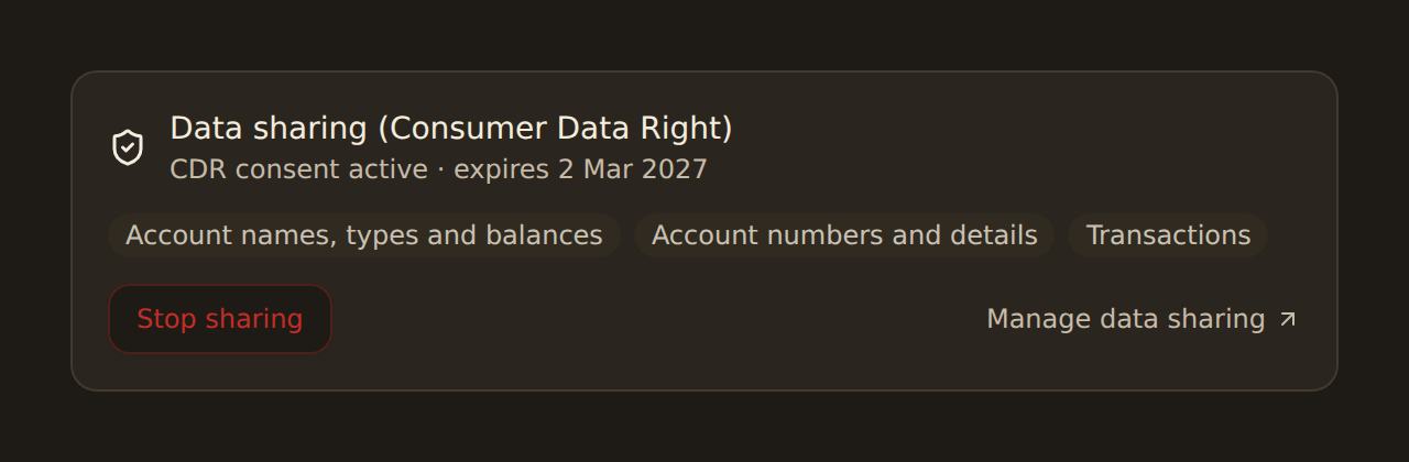The Data sharing section on a bank's detail view, showing the CDR consent status and expiry date, the data types being shared as chips, and Stop sharing and Manage data sharing actions.