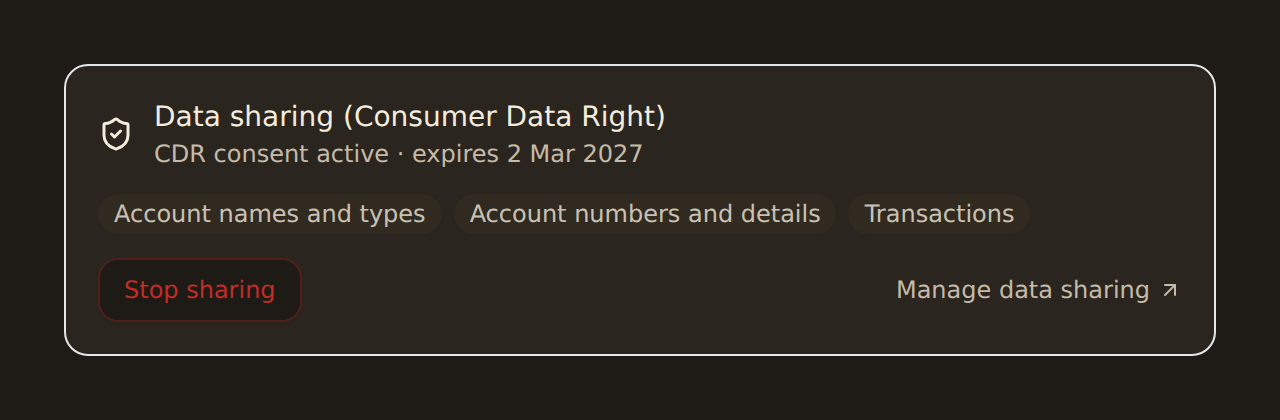 The Data sharing section on a bank's detail view, showing the CDR consent status and expiry date, the data types being shared as chips, and Stop sharing and Manage data sharing actions.