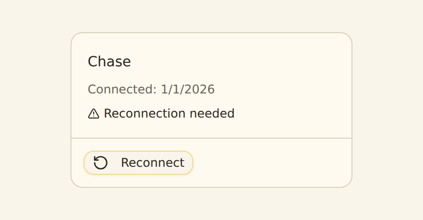 A bank card for Chase showing an amber Reconnection needed row and a Reconnect button in the card footer.