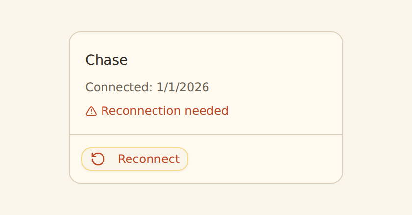 A bank card for Chase showing an amber Reconnection needed row and a Reconnect button in the card footer.