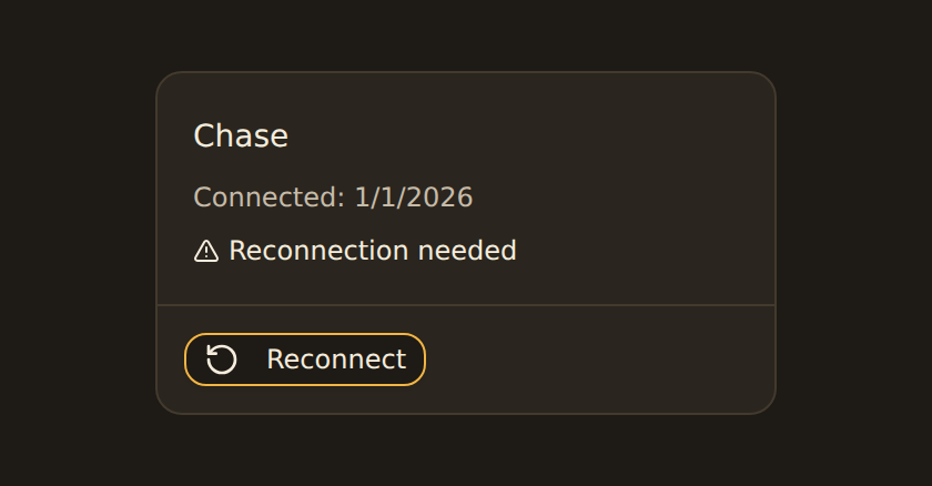A bank card for Chase showing an amber Reconnection needed row and a Reconnect button in the card footer.