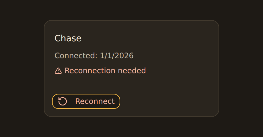 A bank card for Chase showing an amber Reconnection needed row and a Reconnect button in the card footer.
