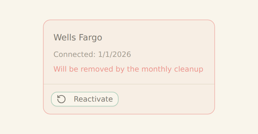 A disconnected bank card for Wells Fargo shown in a muted soft-deleted state with a Reactivate action available.