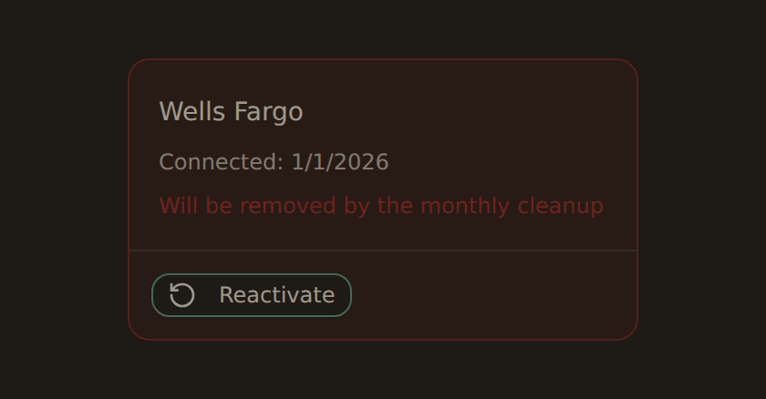 A disconnected bank card for Wells Fargo shown in a muted soft-deleted state with a Reactivate action available.