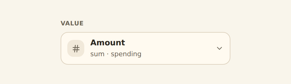 A Value channel chip in the inspector summing the Amount field, with its plain-English summary reading sum and spending.
