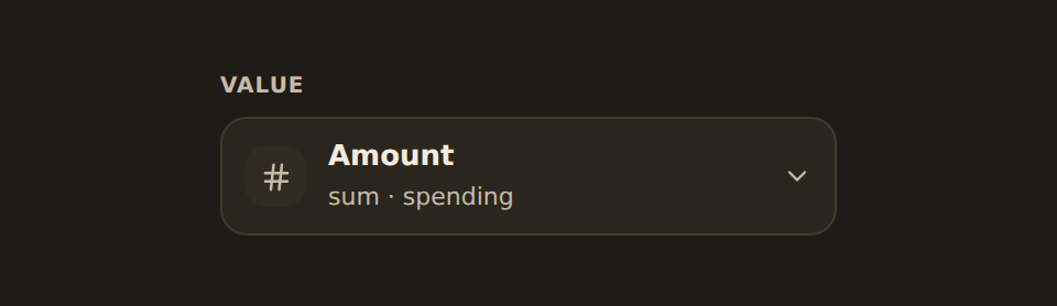 A Value channel chip in the inspector summing the Amount field, with its plain-English summary reading sum and spending.