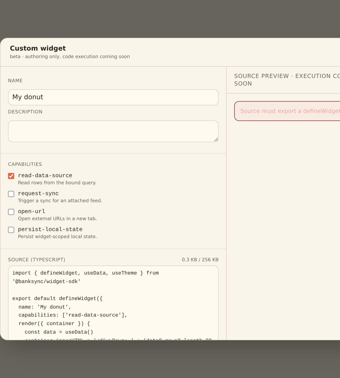 The custom widget authoring dialog after a failed build, with an error panel ('Source must export a defineWidget(...) default.') in place of the preview.