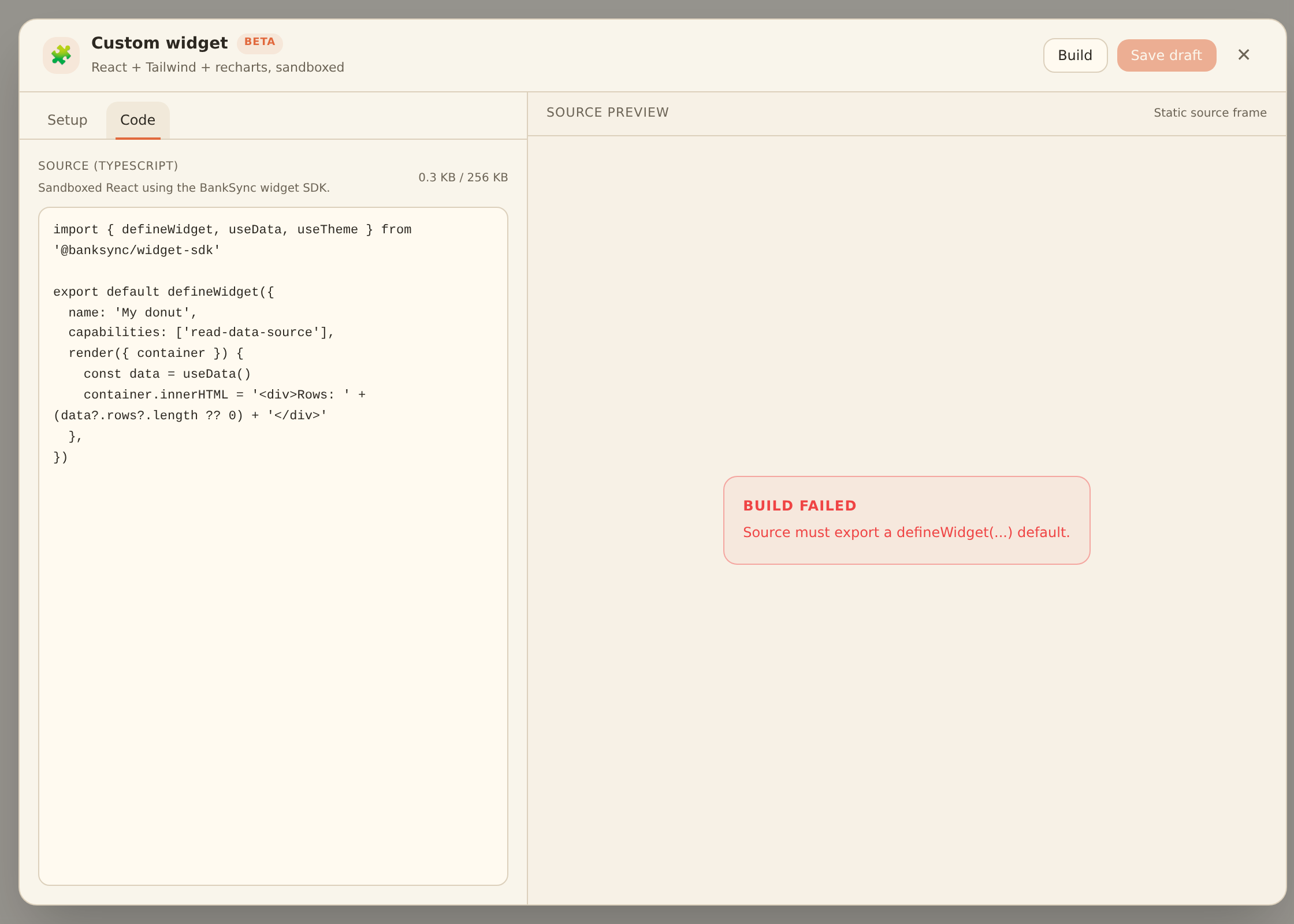 The custom widget authoring dialog after a failed build, with an error panel ('Source must export a defineWidget(...) default.') in place of the preview.