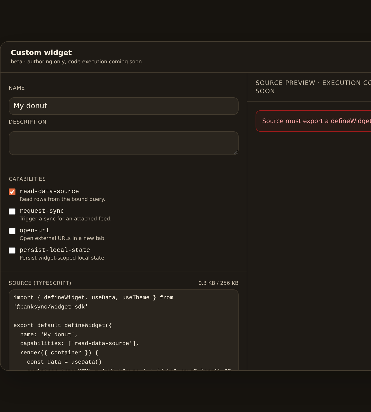 The custom widget authoring dialog after a failed build, with an error panel ('Source must export a defineWidget(...) default.') in place of the preview.