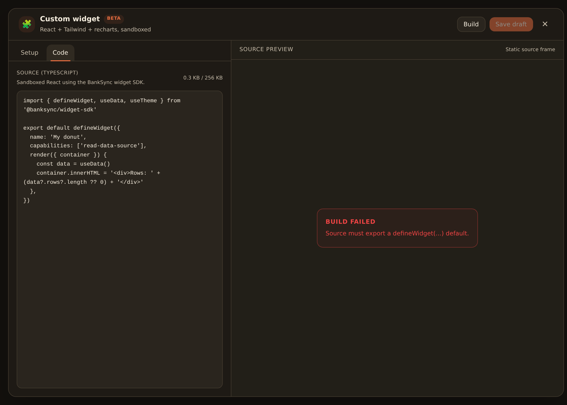 The custom widget authoring dialog after a failed build, with an error panel ('Source must export a defineWidget(...) default.') in place of the preview.