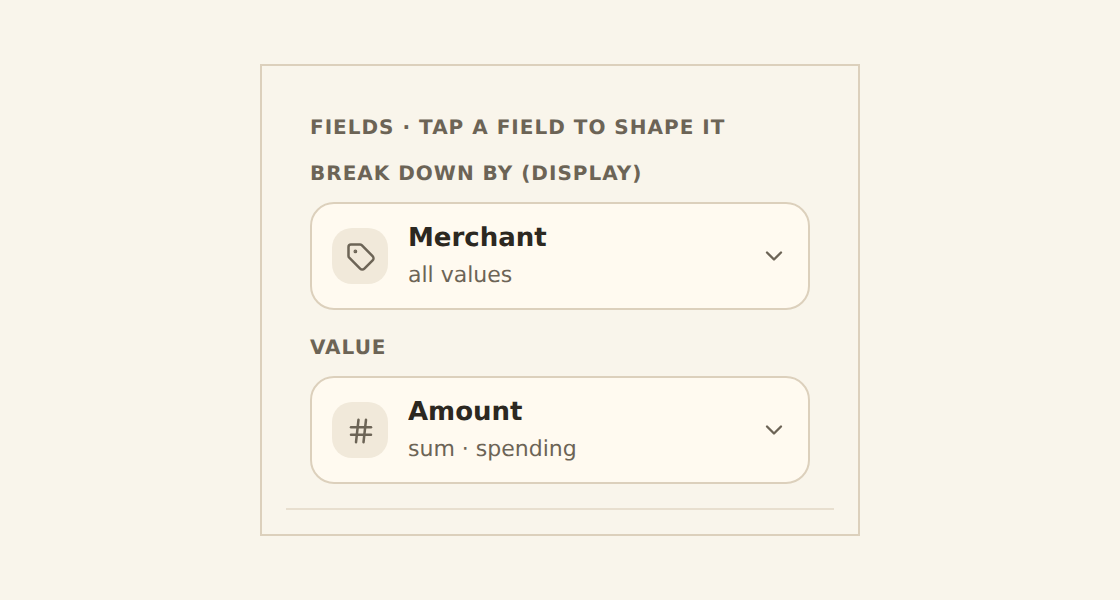 The inspector Data tab Fields panel for a cartesian chart, with a Group by dimension chip (Merchant) stacked above a Value measure chip (Amount, summarized as sum, labeled spending).