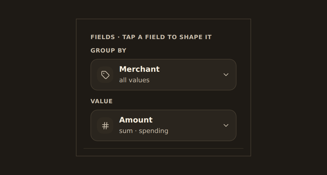 The inspector Data tab Fields panel for a cartesian chart, with a Group by dimension chip (Merchant) stacked above a Value measure chip (Amount, summarized as sum, labeled spending).